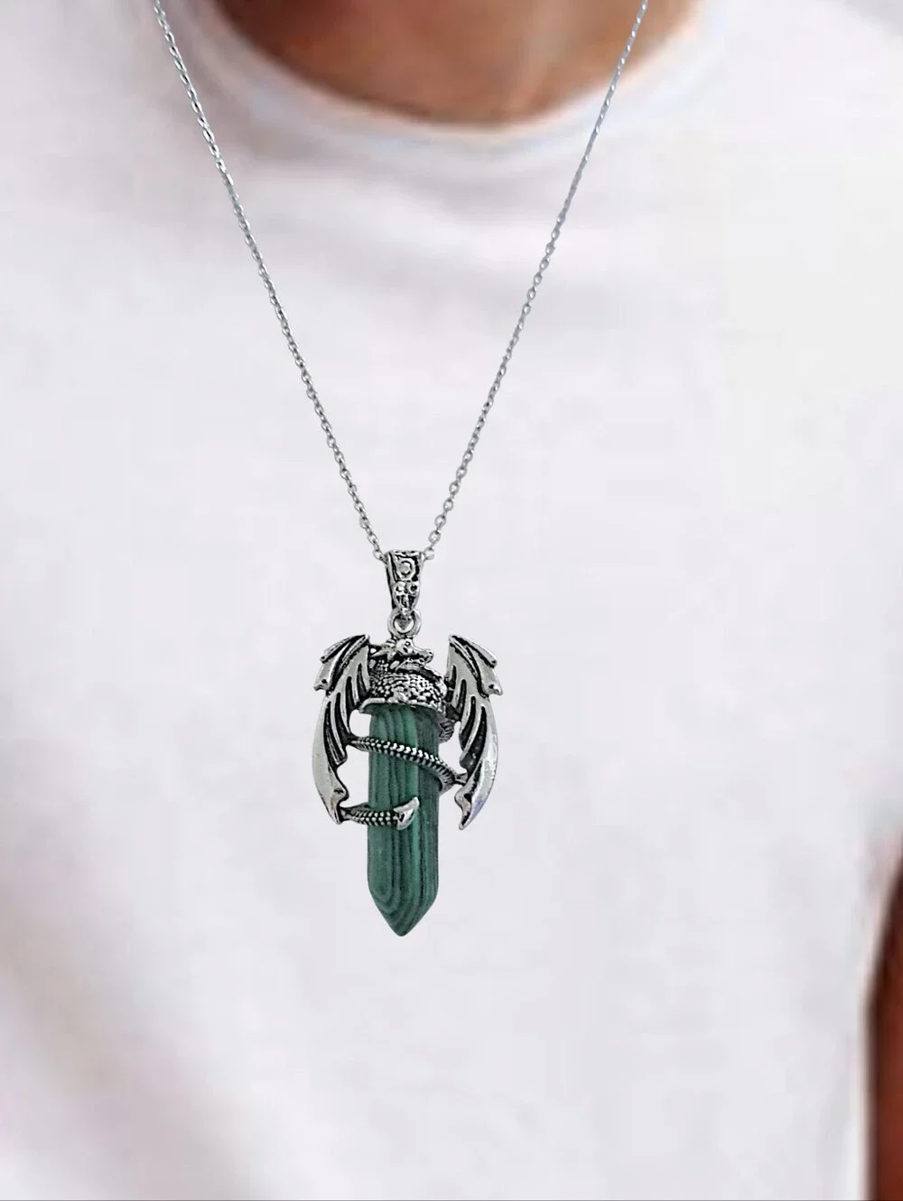 Silver Dragon Green Pendant w/ Stainless Steel Necklace NWOT